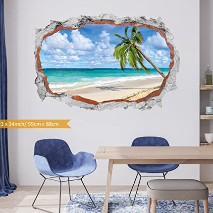 HPNIUB Spiaggia di Palme Adesivo da parete,90x60cm Adesivi da parete Effetto 3d,Adesivi Murali Rotto per Soggiorno,3D Palma Parete Muro,Paesaggio Decalcomanie per Camera da Letto Cameretta Decor