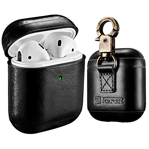 Custodia AirPods, Icarer Vera Pelle Antiurto Portatile Ultra Leggero Protettiva Cover Custodia in Pelle con Portachiavi per Apple AirPods 1&2 (LED anteriore Visibile) Ricarica Case (Nero)