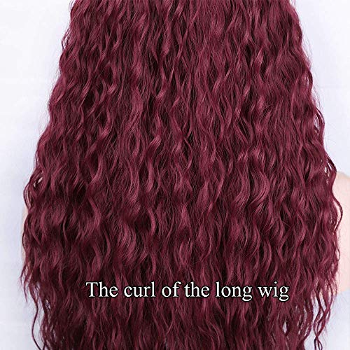 Parrucca riccioli rosso vino per le donne ricci lunghi ricci sintetici in pizzo parrucche 130% densità naturale Wig Afro donne peruzzi DE067C