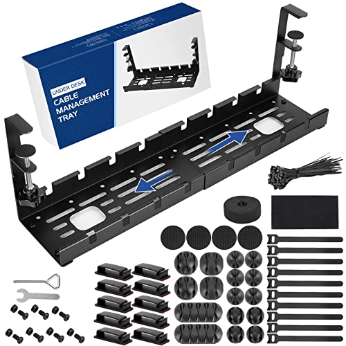 WADEO Gestione dei cavi retrattile sotto il vassoio da scrivania, senza trapano sotto il kit di gestione dei cavi da scrivania 29-52 cm, vassoio di gestione dei cavi con accessori completi