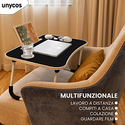 unycos - Scrivania Pieghevole Salvaspazio, Tavolo Pieghevole Multifunzione da Letto, Supporto PC Portatile, Vassoio da Letto Resistente, Facile da Riporre 60cm x 40cm x 26cm (Nessun Cassetto)