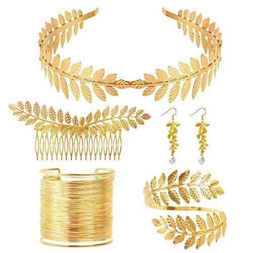 Nswayy 5 Pezzi Corona Della Dea Oro, Foglia Corona Capelli Accessori da sposa, Dea Greca Costume Accessori Braccialetto Orecchini Copricapo per Donne in Festa di Nozze Uso Quotidiano di Halloween