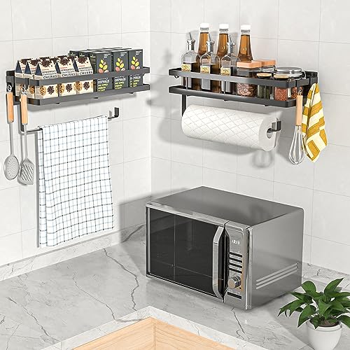 Dreamhigh® Portaspezie da Parete, Portaspezie da Appendere con 4 Ganci Rimovibili e Porta Rotolo da Cucina, Porta Spezie per Cucina, per Cucina, Bagno, Cassettiera e Altro (35 cm, Nero)