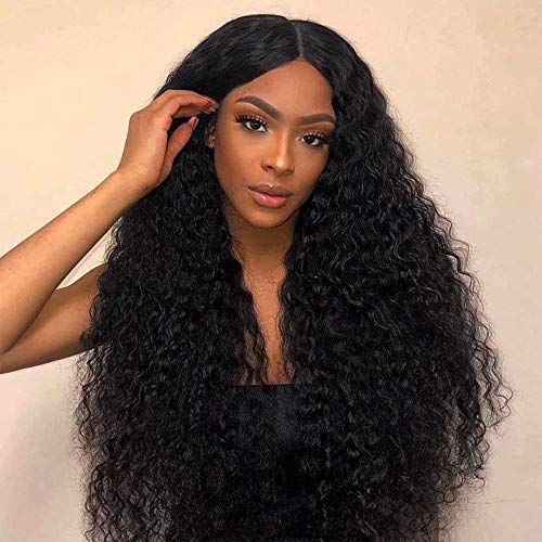 Parrucca riccioli neri per le donne ondulate lunghe parrucche anteriori in pizzo sintetico 130% densità naturale Wig Afro donne peruzzi DE067A