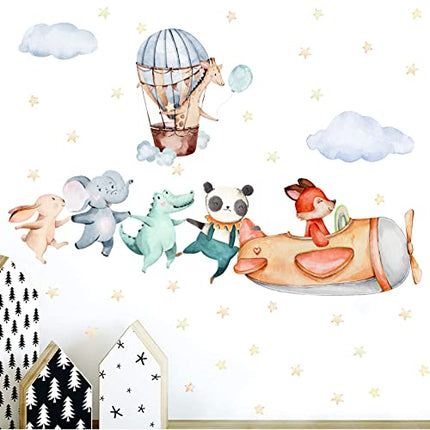 TOARTI 34pcs Adesivi da Parete per Camera Bambini,Animale Adesivi Murali,Mongolfiera Aereo Sticker Murali per Camera da Letto,Stella Colore Chiaro Decalcomanie per Cameretta Aula Soggiorno