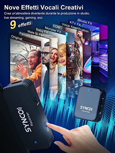 SYNCO Microfono Wireless Smartphone, G1T(Type-C) 2.4GHz Micro Lavalier con 9 Effetti Vocali Creativi per per Telefono Android e Laptop per YouTube,Vlog, Microfono-Lavalier-Wireless-Smartphone-Tablet