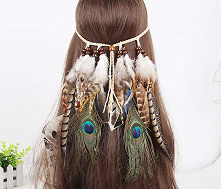 Fashband Fascia per capelli indiana con piume di pavone, stile hippie, accessorio per capelli tribale anni '20, copricapo indiano per donne e ragazze