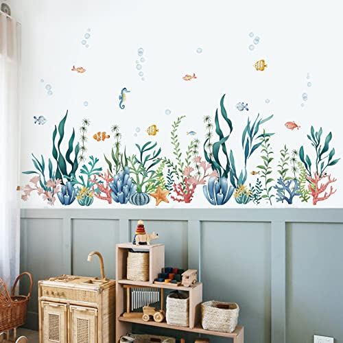 decalmile Adesivi Murali Sotto il Mare Alghe Oceaniche Adesivi da Parete Pesci Marina Baseboard Decorazione Murale Bagno Camerette Bambini Camera da Letto