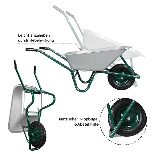 AIRAJ Carriola, portata 250 kg, capacità 100 l, ruote con cuscinetti a sfera e pneumatici in gomma, carriola da giardino, per casa, giardinaggio