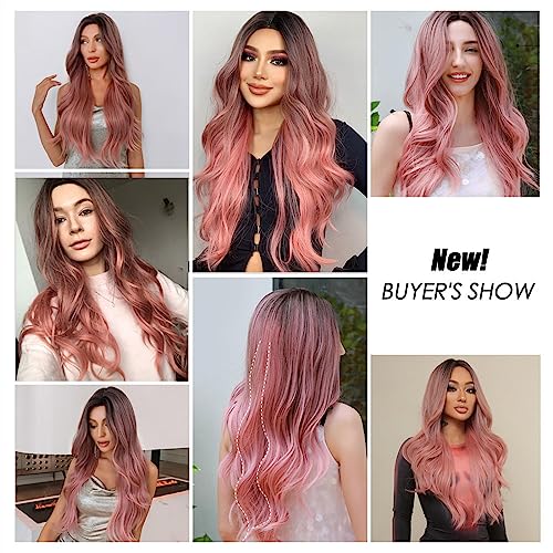 Parrucca da Donna Onda del corpo lunga Ombre Nero Rosa Parrucche Cosplay Parrucche sintetiche resistenti al calore Parte centrale Parrucche Lolita naturali for donna Parrucche wig