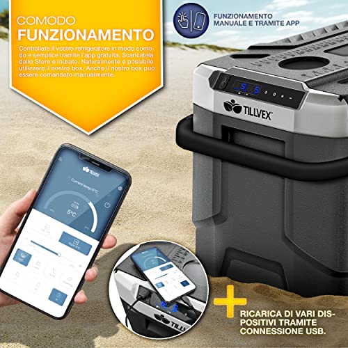 tillvex® Frigorifero Compressore Elettrico 51 Litri | Frigo Congelatore Elettrico con Controllo WIFI-APP, Porta USB, 12/24 V 230V | Frigorifero fino a -20 °C per Auto, Camion, Barca, Camper, Camping