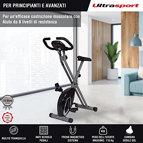 Ultrasport F-Bike, Bicicletta Trainer, Fitness Bicicletta LCD Computer allenamento, Cyclette pieghevole, Max. Peso 110 kg, misurazione pulsazioni, 8 livelli resistenza, ruota rifinitura, Argento/Nero