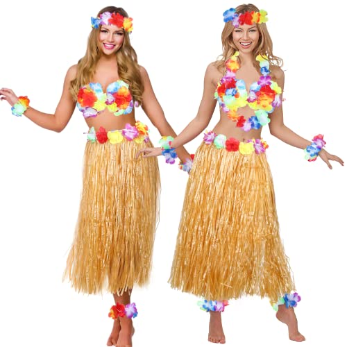 16PCS Gonna Hawaii, Gonna Hula Erba Hawaii con Fiori Braccialetti Collana Fascia Set Costume Festa Hawaii per Bambini Ragazze Festa Donna Estate Decorazioni per Feste in Spiaggia