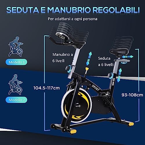 HOMCOM Cyclette Professionale, Cyclette da Camera Regolabile con Schermo LCD e Volano 10kg per Casa o Palestra, Nera e Gialla