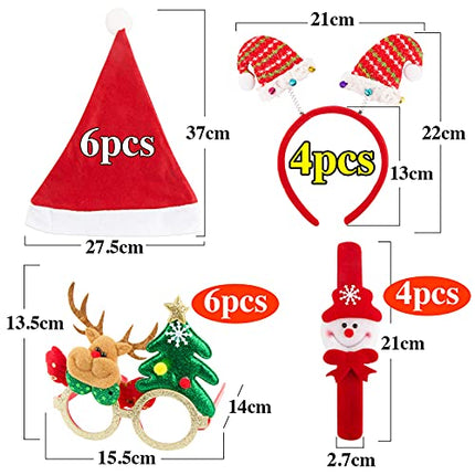 FLOFIA Kit di 20pz Accessori Travestimenti Natalizi 6pz Cappello Natale 6pz Occhiali Natalizi 4pz Cerchietti Natalizi 4pz Clap Circle per Decorazione Divertenti Ragazzi Raggazze Festa di Natale