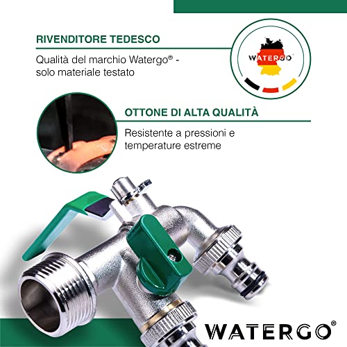 WATERGO Rubinetto 1/2 Pollici (Verde) – Doppio Rubinetto in Ottone per Giardino e Casa | Doppia Valvola a Sfera incl. Nastro Sigillante, Anelli di Tenuta, 2 Connettori per Tubo Flessibile e Ebook