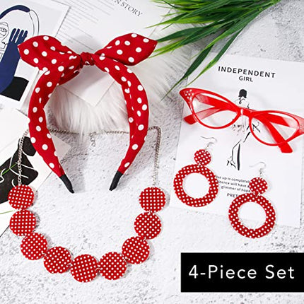 BETESSIN Travestimento Anni 50 Donna 4pz Accessori Costume Vintage Anni 50 Cerchietti per Capelli Collana Occhiali Orecchini a Pois Travestimento ‘50 per Carnevale Festa di Travestimento Rosso
