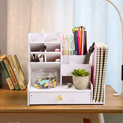 Xzeemo Organizzatore da Scrivania in Legno, Multifunzione fai-da-te Portapenne da Scrivania, Grande Capacità, Bianco Organizer scrivania con Cassetto per Cancelleria, Casa, Ufficio e Scuola