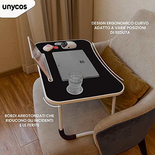 unycos - Scrivania Pieghevole Salvaspazio, Tavolo Pieghevole Multifunzione da Letto, Supporto PC Portatile, Vassoio da Letto Resistente, Facile da Riporre 60cm x 40cm x 26cm (Nessun Cassetto)