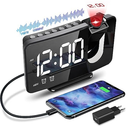 Anykuu Sveglia Proiettore Sveglia Digitale con Proiettore 6.7 Pollici a 180° di Rotazione Orologio Proiettore Radio FM con Adattatore 2 Sveglie e 15 Volumi Facile da Usare