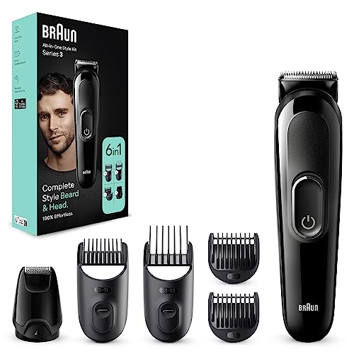 Braun Regolabarba Tagliacapelli Uomo, Rasoio Elettrico Barba e Capelli, 6-In-1 Styling Kit Ideale Per Barba, Capelli, 50 Minuti Di Utilizzo Senza Fili, MGK3420