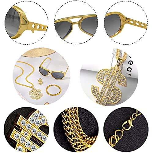 4 Pezzi Accessori Rappe, Kit di Costumi Hip Hop Set, Hip Hop Travestimento Accessossi, Hip Hop Dollaro Collana, per Uomo Donna Boom Box Rapper Hip Hop Festa Carnevale