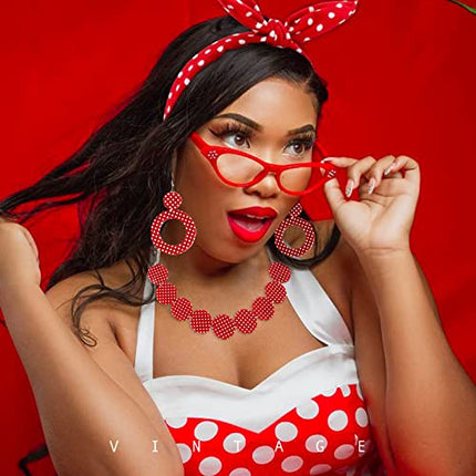 BETESSIN Travestimento Anni 50 Donna 4pz Accessori Costume Vintage Anni 50 Cerchietti per Capelli Collana Occhiali Orecchini a Pois Travestimento ‘50 per Carnevale Festa di Travestimento Rosso