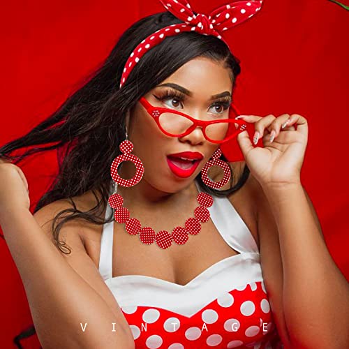 BETESSIN Travestimento Anni 50 Donna 4pz Accessori Costume Vintage Anni 50 Cerchietti per Capelli Collana Occhiali Orecchini a Pois Travestimento ‘50 per Carnevale Festa di Travestimento Rosso