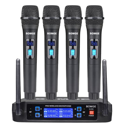 BOMGE Sistema di microfoni wireless, Pro 4 canali cordless set con quattro microfoni portatili, frequenza fissa, lunga autonomia 60 m, ideale per chiesa, karaoke, eventi