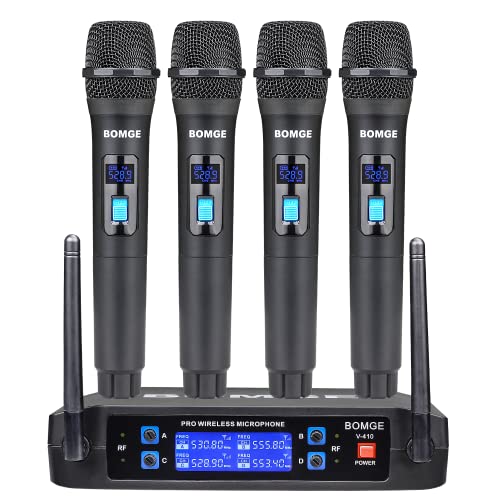 BOMGE Sistema di microfoni wireless, Pro 4 canali cordless set con quattro microfoni portatili, frequenza fissa, lunga autonomia 60 m, ideale per chiesa, karaoke, eventi