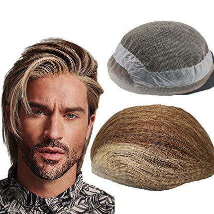 Parrucchino da uomo PU Front Pizzo Toupee Pezzi dei Capelli Umani europei per gli protesi capelli uomo 8×10 pollici sottile 0.06 cm Uomo Parrucca Sistema parrucchino Sostituzione in oro