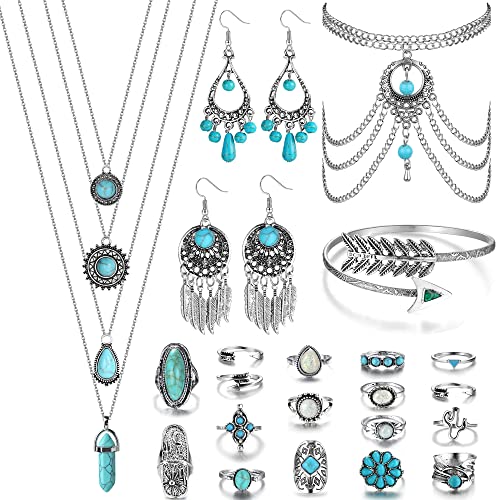 JeryWe 27pcs Bohemian turchese gioielli Set per le donne Bracciale da braccio etnico occidentale turchese Collane di ciondolo a strati Orecchini pendenti di turchese Anelli di nocche di turchese