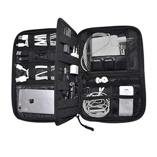 Nomalite Organizzatore per Cavi da Viaggio Custodia Nera per Cavi, caricabatteria e Accessori elettronici con 5 Tasche, 20 Elastici & 3 Aperture per SIM Card/USB. Ideale per Escursioni/Lavoro.