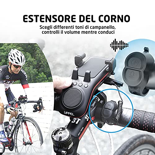 UPPEL Altoparlante Bluetooth per Bicicletta Casse Bluetooth V5.1 5000mAh Accumulatore di energia Luci/Campanello della bici Card SD/TF Funzione 10 in 1 per utilizzo all'aria aperta Sport Campeggio