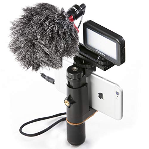 Smartphone Video Rig, Mouriv Stabilizzatore di Muggine di Vlogging di Registrazione Filmmaking per iPhone Con Cardioidi Microfono, Luce LED Video, Barra Estensione Allenamento Solido in Alluminio