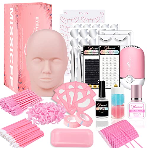 Kit Extension Ciglia, Missicee Nuovo Aggiornamento 328 pezzi Kit Ciglia Extension con testa di manichino 0,3s colla rapida asciugare USB Eyelash Fan Dryer Extension Forniture per principianti