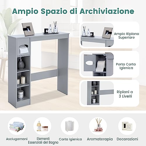 COSTWAY Mobile Sopra WC, Mobiletto Salva Spazio da Bagno Autoportante con Ripiani Regolabili e Porta Carta Igienica, Organizzatore Multifunzionale per Bagno, 75,5x19,5x81,5cm (Grigio)