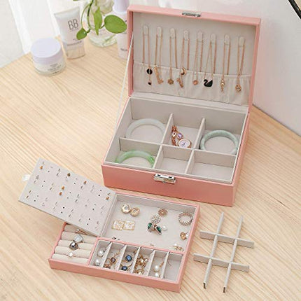 EKKONG Scatola Portagioie per Donna, Scatola Porta Gioielli in Pelle con Serratura da Viaggio 2 Strati Organizer Portagioie Salvaspazio,Piccolo Portagioie da Viaggio Portagioie (Pink)