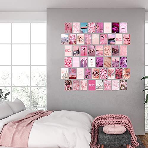 50pcs immagini estetiche per collage da parete, stampe collage rosa rosa, colori caldi, decorazione della stanza per ragazze, stampe artistiche da parete per camera, dormitorio, esposizione di foto