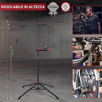 Ultrasport Cavalletto Biciclette, per mountain bike e tutti tipi biciclette a 30 kg, incl. portautensili scomparto magnetico, girevole 360°, sgancio rapido adatto alla vernice, Nero/Rosso