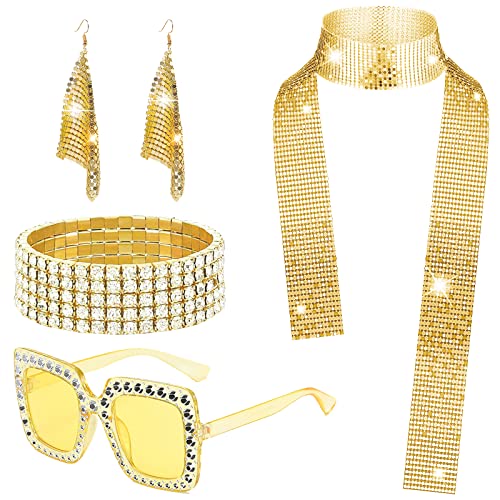 5 accessori da discoteca anni '70, set di costumi da discoteca con paillettes, sciarpa, orecchini con strass e montatura spessa, kit per travestimenti da donna e ragazza, per feste a tema retrò 70 80