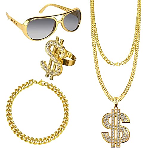 4 Pezzi Accessori Rappe, Kit di Costumi Hip Hop Set, Hip Hop Travestimento Accessossi, Hip Hop Dollaro Collana, per Uomo Donna Boom Box Rapper Hip Hop Festa Carnevale