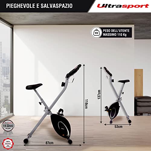 Ultrasport F-Bike, Bicicletta Trainer, Fitness Bicicletta LCD Computer allenamento, Cyclette pieghevole, Max. Peso 110 kg, misurazione pulsazioni, 8 livelli resistenza, ruota rifinitura, Argento/Nero