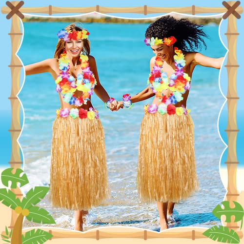 16PCS Gonna Hawaii, Gonna Hula Erba Hawaii con Fiori Braccialetti Collana Fascia Set Costume Festa Hawaii per Bambini Ragazze Festa Donna Estate Decorazioni per Feste in Spiaggia