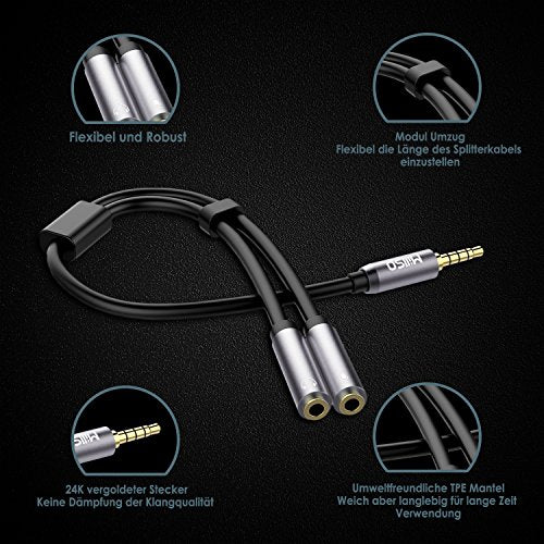 MillSO Adattatore per microfono per cuffie audio Splitter da 3,5 mm (maschio Connettore TRRS da 3,5 mm su due prese femmina TRS) - Grigio