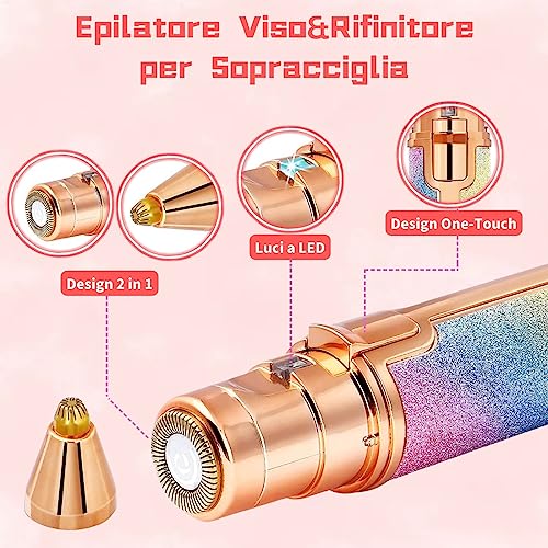 2 in 1 Epilatore Viso Elettrico Donna Con Ruolo di Rasoio, Indolore Depilatore Donna Viso Baffi, Adatto per Sopracciglia, Viso e Tutte le Parti del Corpo, Ricarica USB con LED e Spazzola