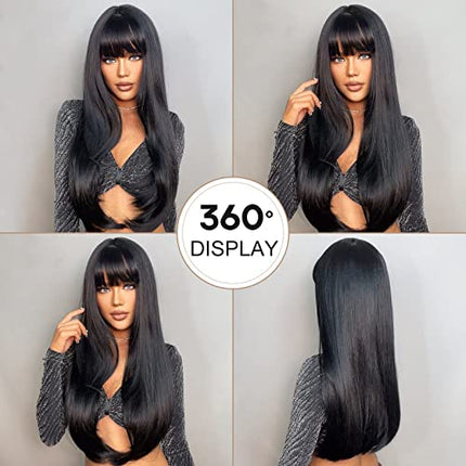 HAIRCUBE Lungo diritto con frange Parrucche per le Donne Natura Resistente al calore Fibra sintetica Parrucche con Pony Cosplay quotidiano (nero)