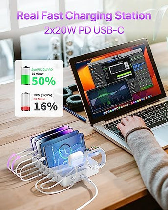 SOOPII Stazione di ricarica USB C a 6 porte per più dispositivi, 2 PD 20 W di ricarica rapida, 6 cavi di ricarica e 1 supporto aggiornato per caricabatterie I Watch e Air Pod inclusi …