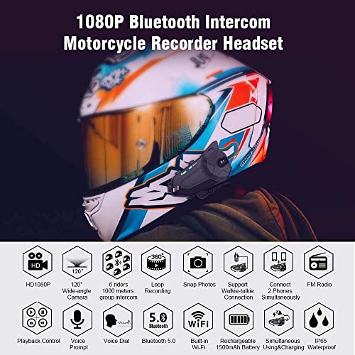 OBEST Moto Bluetooth Interfono, Casco da moto, con 1080P, fotocamera, 1000 m, 6 Riders Group Intercom impermeabile, con scheda FM/Bluetooth 5.0/64G TF/2 in 1 Microfono