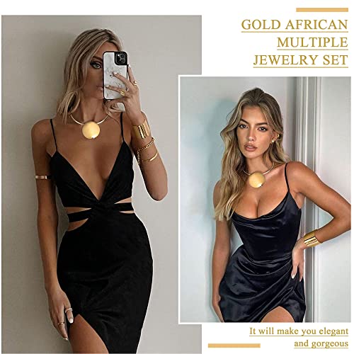 Kakonia dichiarazione Chunky Gioielli Set Choker Orecchini Bracciale Anello Placcato Oro Collana Ciondolo rotondo nigeriano Costume Party Accessori gioielli africani per le donne